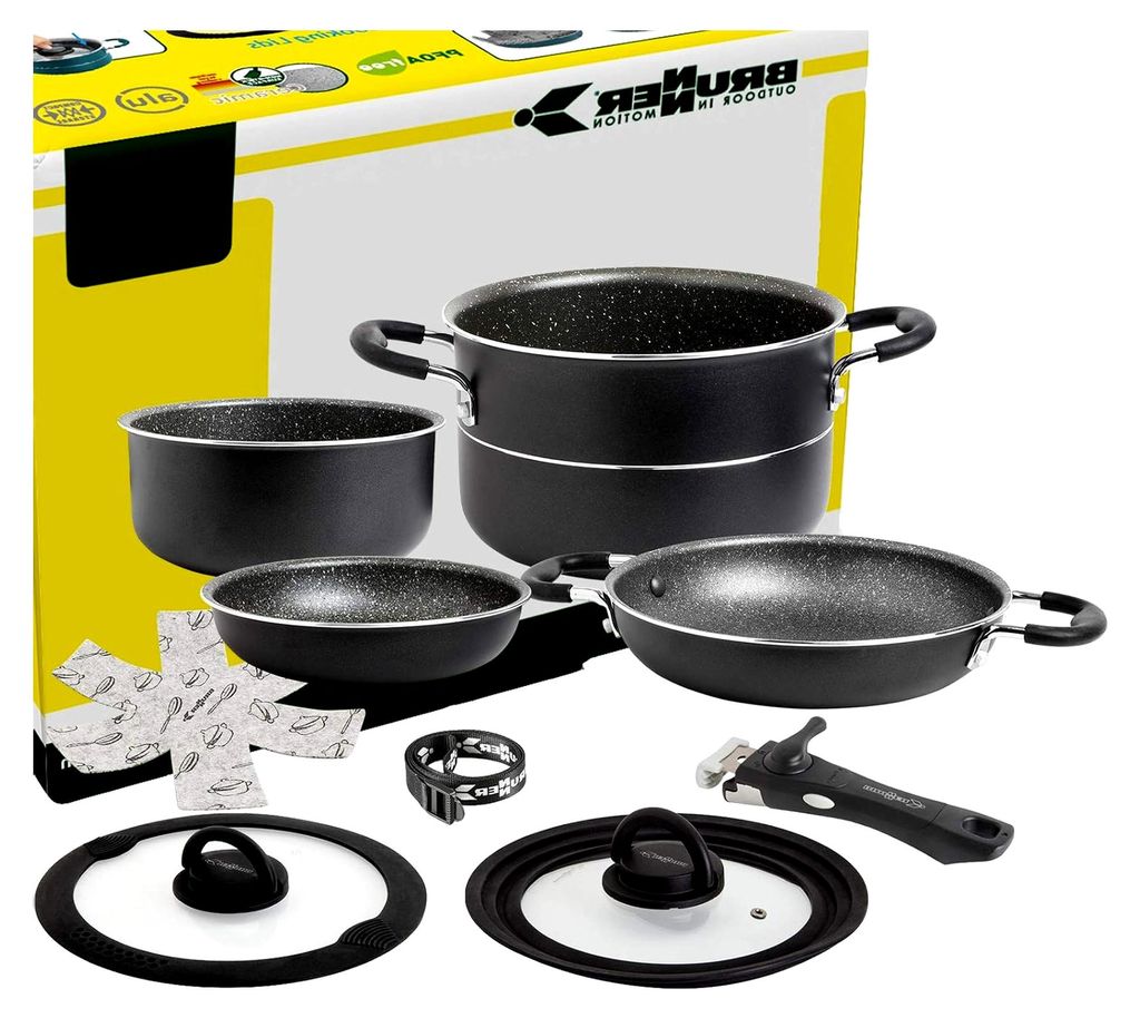 Camping Kochgeschirr-Set Aluminium (Töpfe und Pfannen) - ø 20, 22 oder 24 cm - 4 Personen, Beschichtet, Leicht, Hochwertig, Stapelbar