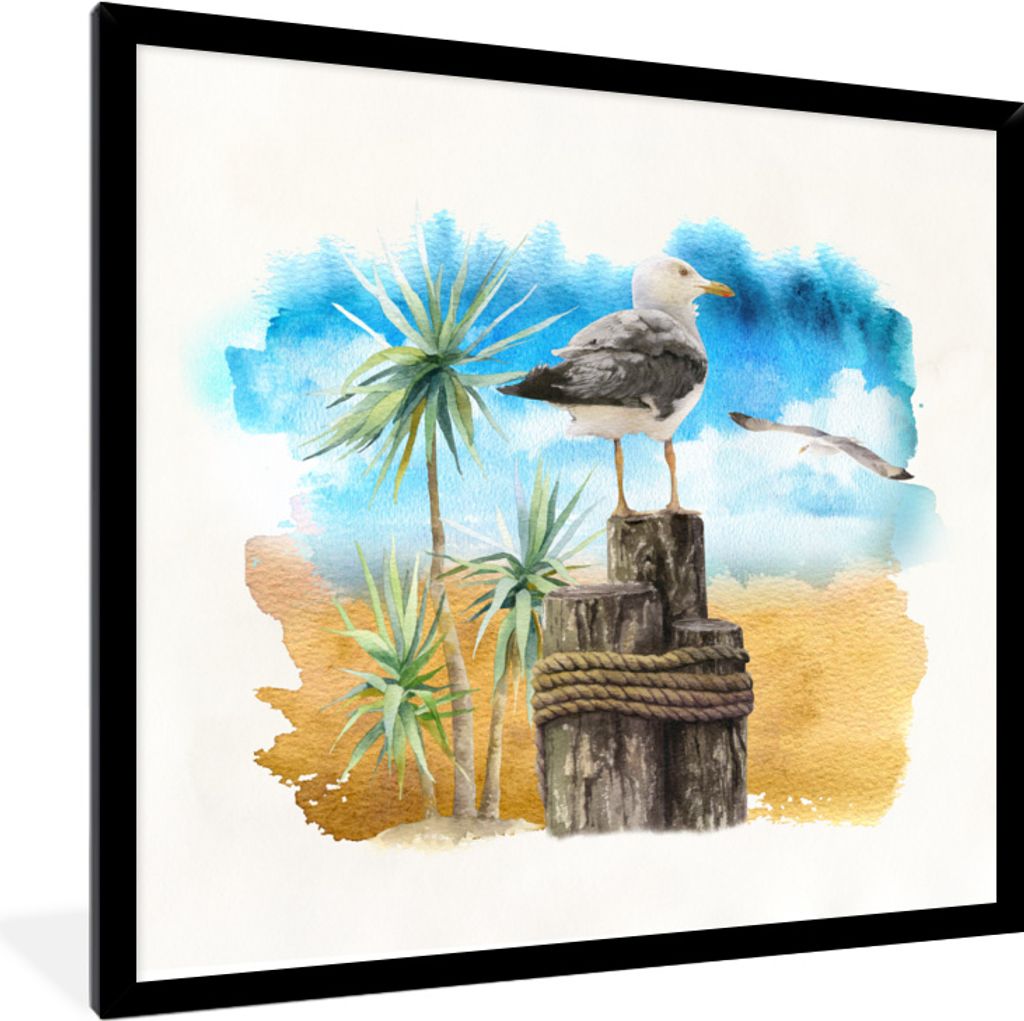 MuchoWow MuchoWow Gerahmtes Poster Vogel - Baum - Strand - Aquarell 40x40 cm - Poster mit zchwarzem Bilderrahmen - Mit Rahmen - Wanddekoration ...