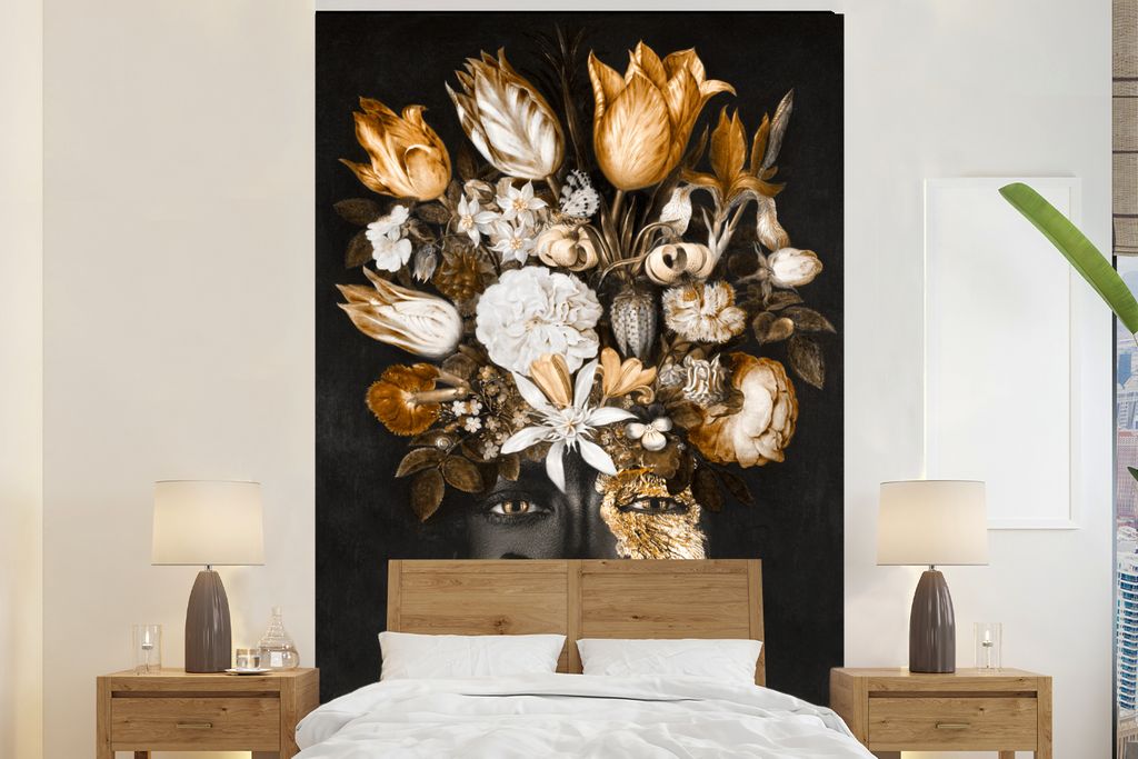 MuchoWow Fototapete für Wohnzimmer oder Schlafzimmer Wandtapete Vinyl Motivtapete Frau - Blumen - Gold - 225x350 cm - Schlafzimmer tapete