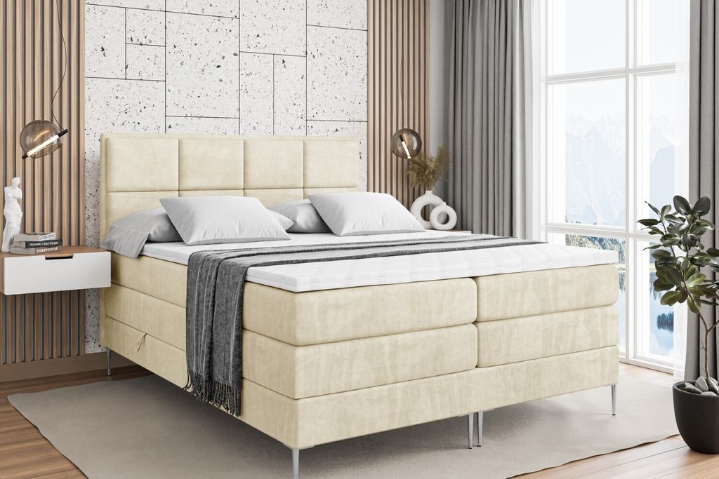 ALTDECOR Boxspringbett mit Silber Füßen, Matratze und Lattenrost, Topper, Polsterbett mit Bettkasten, Bett mit Stauraum H3- und H4- Matratze, Dop...
