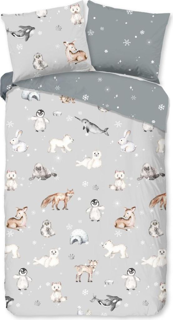 Good Morning KinderBettbezug "dieren in winterthema" - grau - (140x200/220 cm) - Baumwolle 100% Flanell