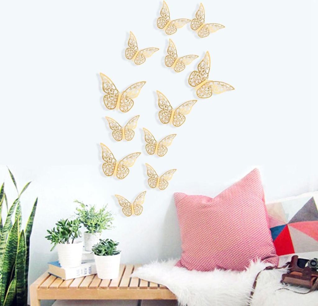 12Pcs 3D hohle Schmetterling Wandaufkleber Metall Textur Wohnzimmer Schlafzimmer Haus Dekoration