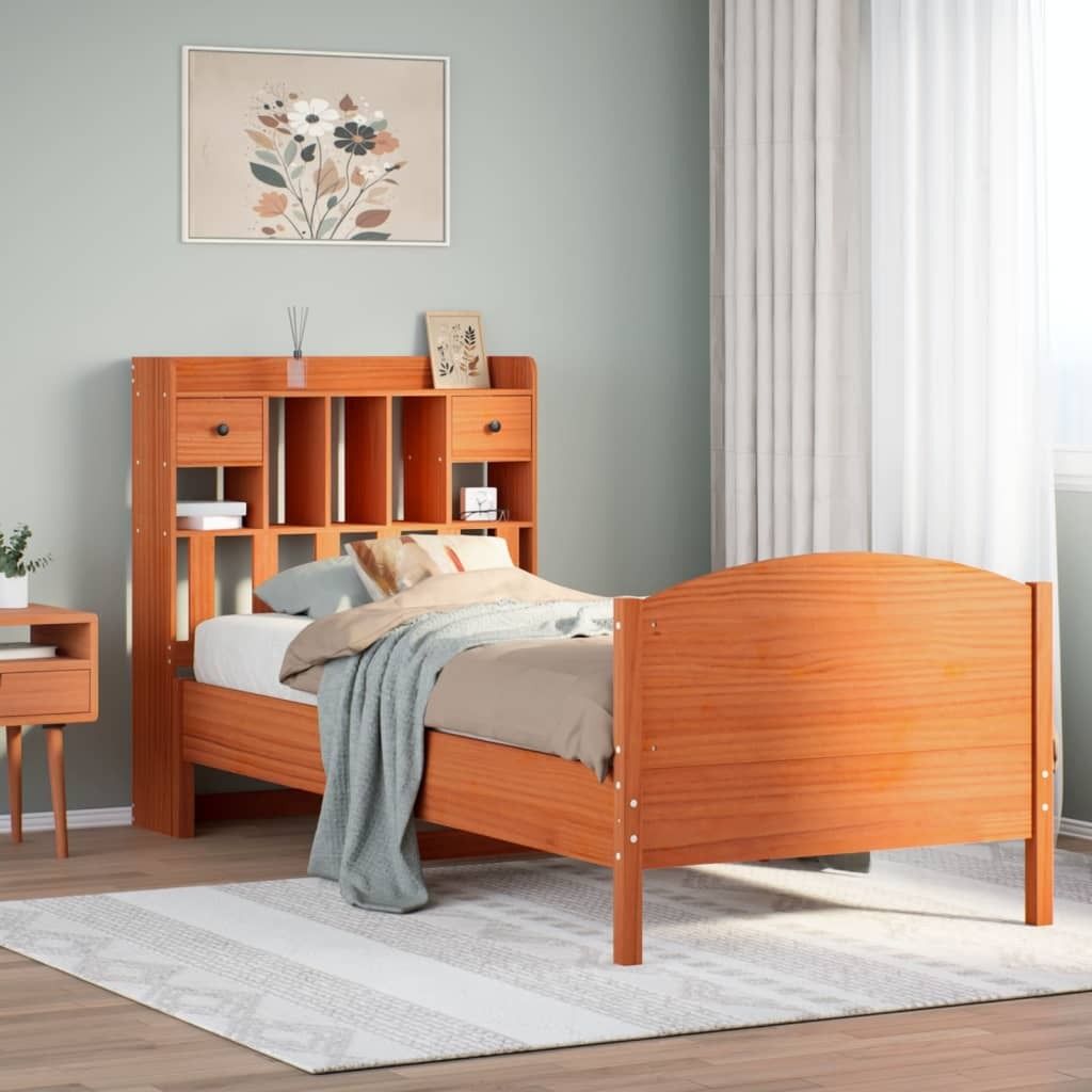 "Rabatt" Massivholzbett Schlafzimmer - Bettgestell moderne - mit Regal ohne Matratze - Wachsbraun 100x200 cm - Klassische Betten CC11750