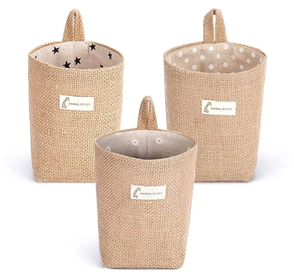 Lot de 3 paniers de rangement en coton et lin lavables et pliables