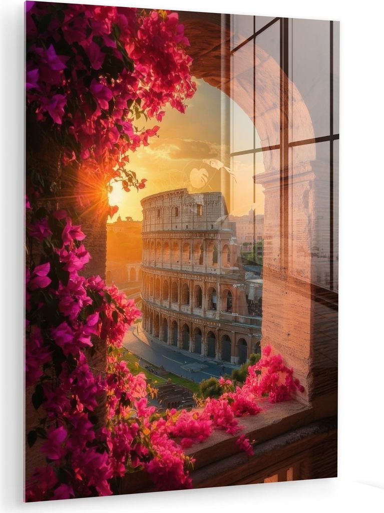 MuchoWow Glasbilder - Bilder auf Wandbild - Foto auf Glas Kolosseum - Rom - Rosa Blumen 60x80 cm Wanddekoration aus Glas - Acrylglasbild - Acrylbil...