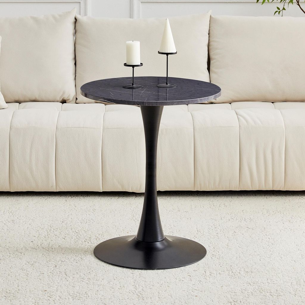 Runder 60cm Beistelltisch / kleiner Esstisch aus MDF: Tischplatte mit hochwertiger Thermoform-Technologie, schwarze Marmor-Optik, schwarzer Stützf...