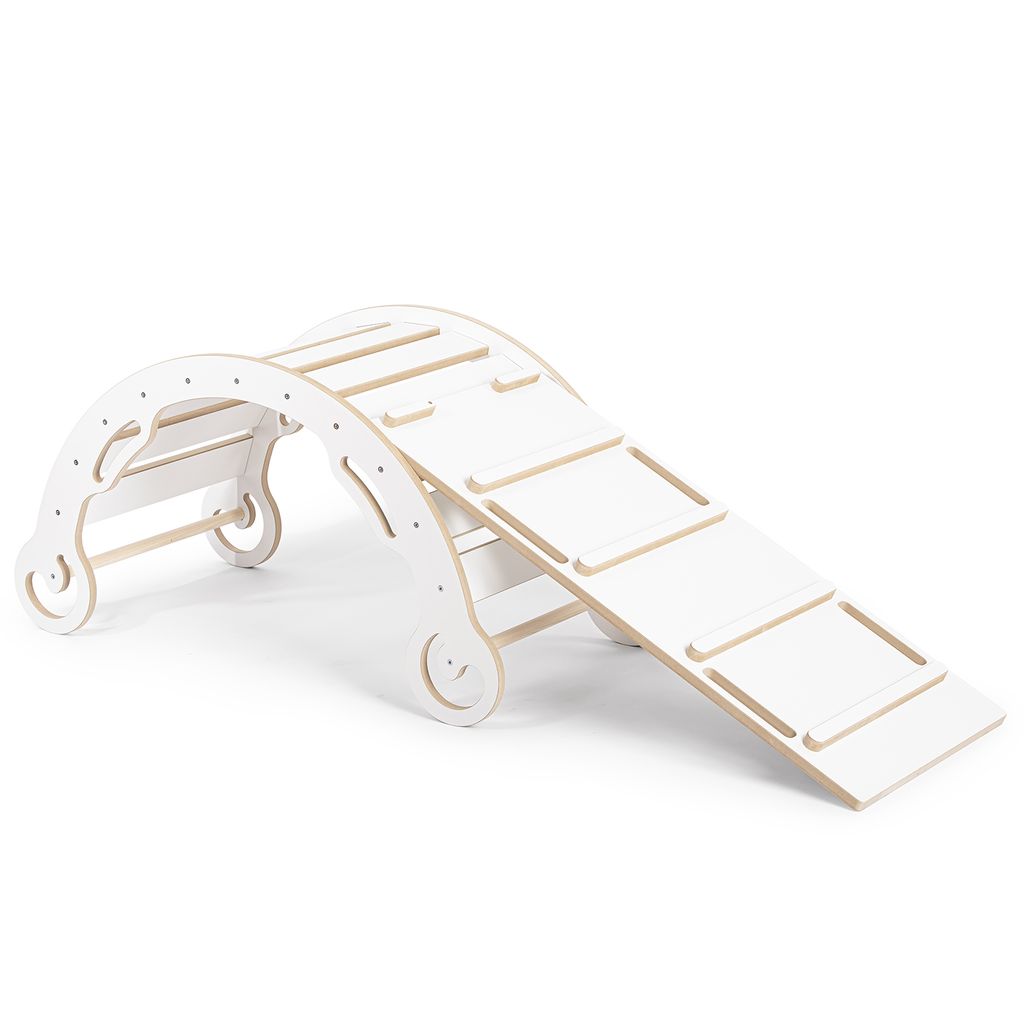Leo Kletterbogen mit Rutsche für Kinder Klettergerüst Indoor Montessori Wippe MDF, Größe L, Weiß