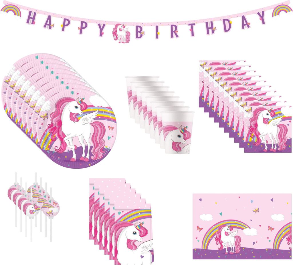 54-tlg. Regenbogen Unicorn Einhorn Party Set für Kindergeburtstag