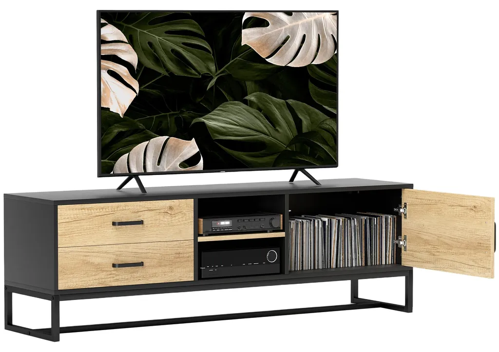 Grand meuble télé bois pour salon moderne avec 2 tiroirs de rangement