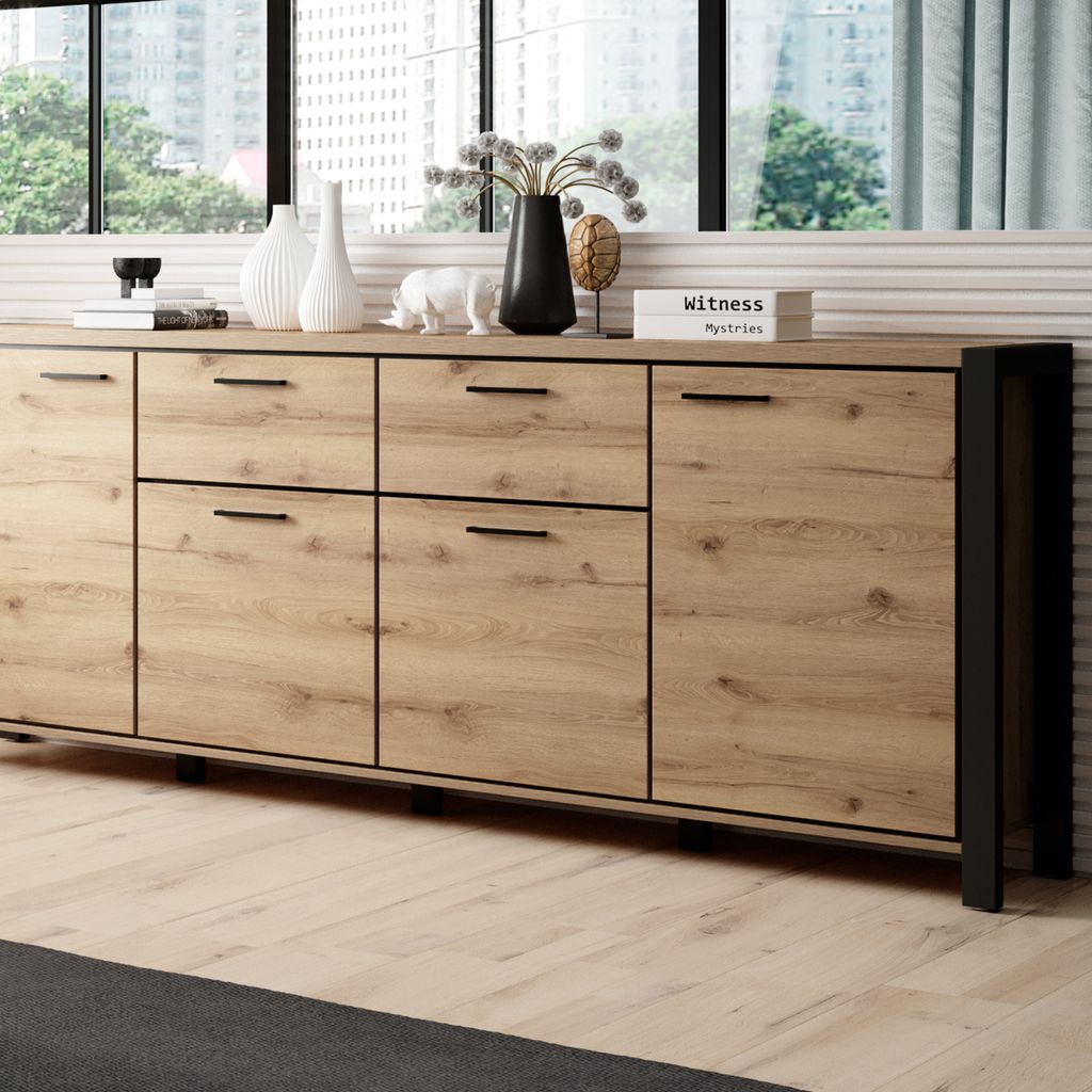 Masseno Kommode ATTIVO 213 cm Sideboard mit 2 Schubladen und 4 Türen für Wohnzimmer Schlafzimmer Modern 213x41x91 cm Eichefarben / Eichefarben