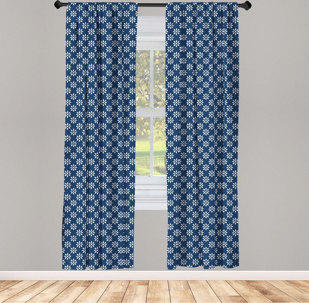 ABAKUHAUS Niederländisch Vorhänge, Gardinen, Hand gezeichnete Art-weiße Blumen auf einem blauen Hintergrund-klassischem Delft-Muster, 2 Stück 7...