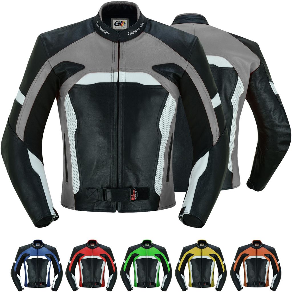Herren Motorrad Lederjacke Motorradjacke mit Protektoren, Farbe:Grau, Größe:58/3XL