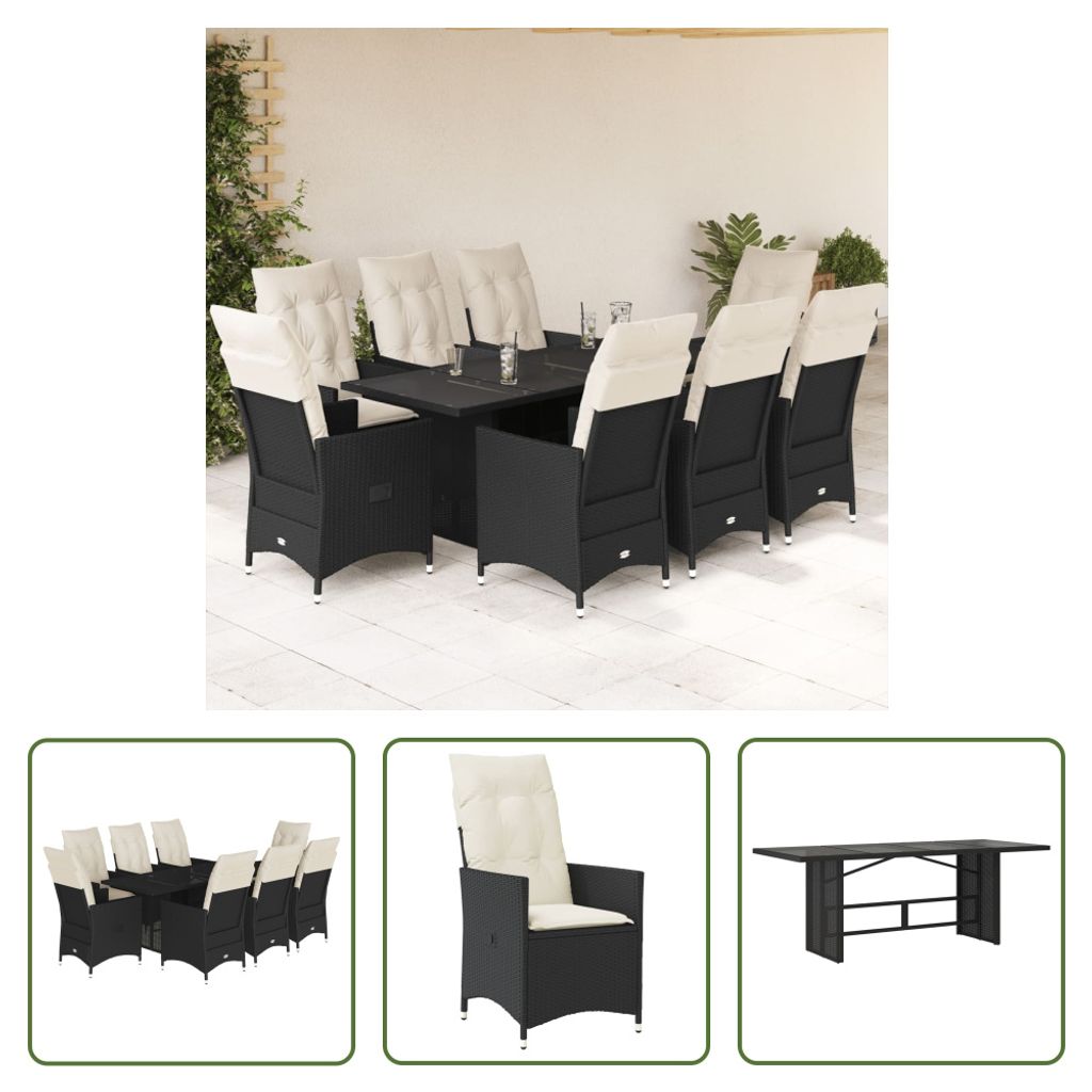 The Living Store 9-tlg. Garten-Essgruppe mit Kissen Schwarz Produktbild 
