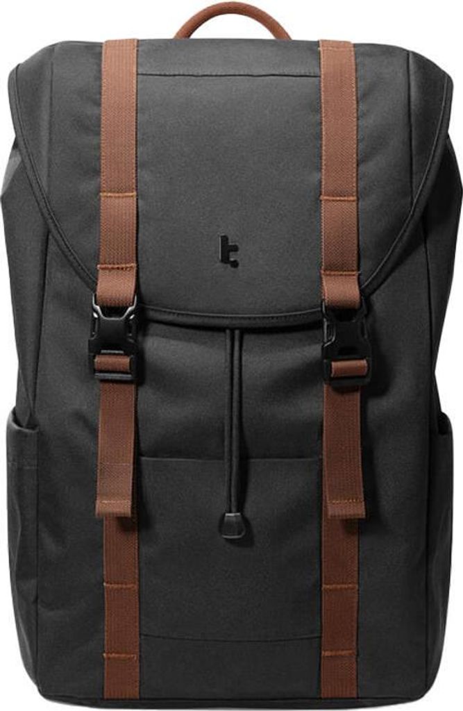A black backpack with brown straps and buckles.