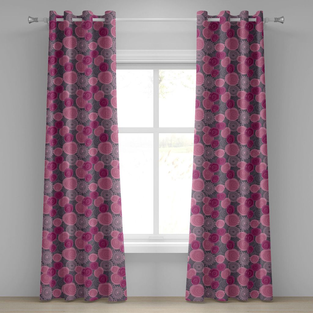 ABAKUHAUS Rosa und Grau Ösenvorhang, Gekritzel-Art-Spitze wirbelte Kreis-Blumen-Muster-Ornamental Flourish, Dekorative 2-Panel-Fenstervorhänge, 2...
