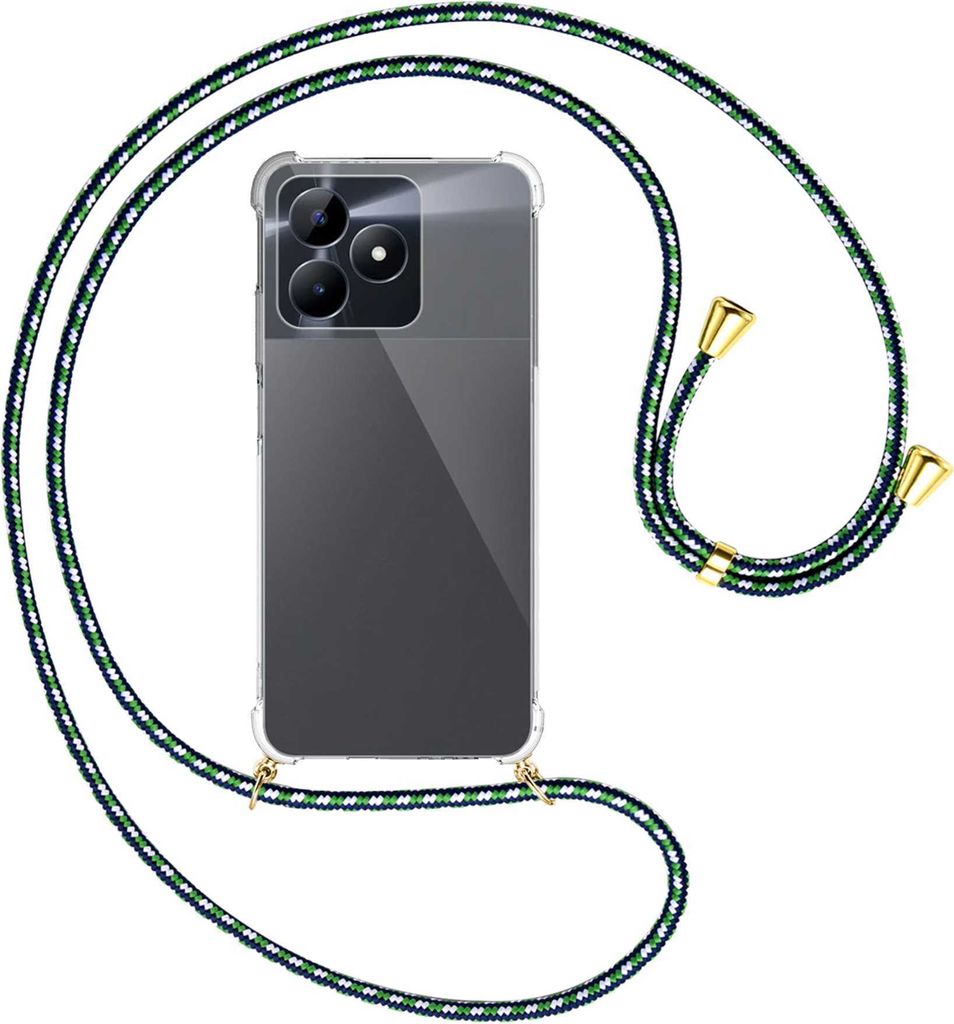 Handykette Backcover-Schutzhülle mit Band (Metall goldfarben) für Realme C51 (6.74'') - grün/blau/weiß