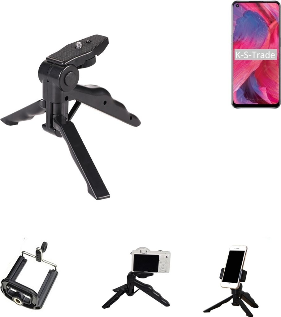 K-S-Trade Stativ Tisch-Ständer Dreibein Handy-Stativ Ständer kompatibel mit Oppo A74 5G Mini-Stativ Smartphone Tripod Handy-Stativ aus Plastik