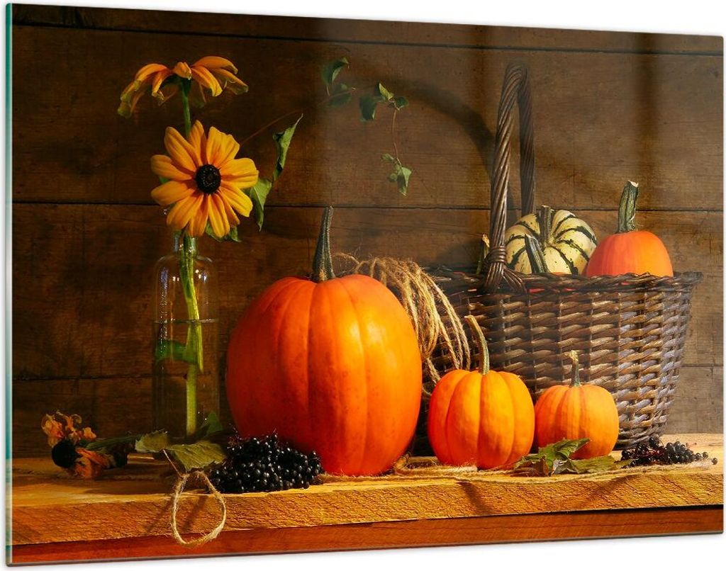 Bilder auf glas - Herbst Folk Tradition Kürbisse - 120x80cm - Glasbilder - Wandbilder - Kunstdruck - zum Aufhängen bereit - Wanddekoration aus Gl...