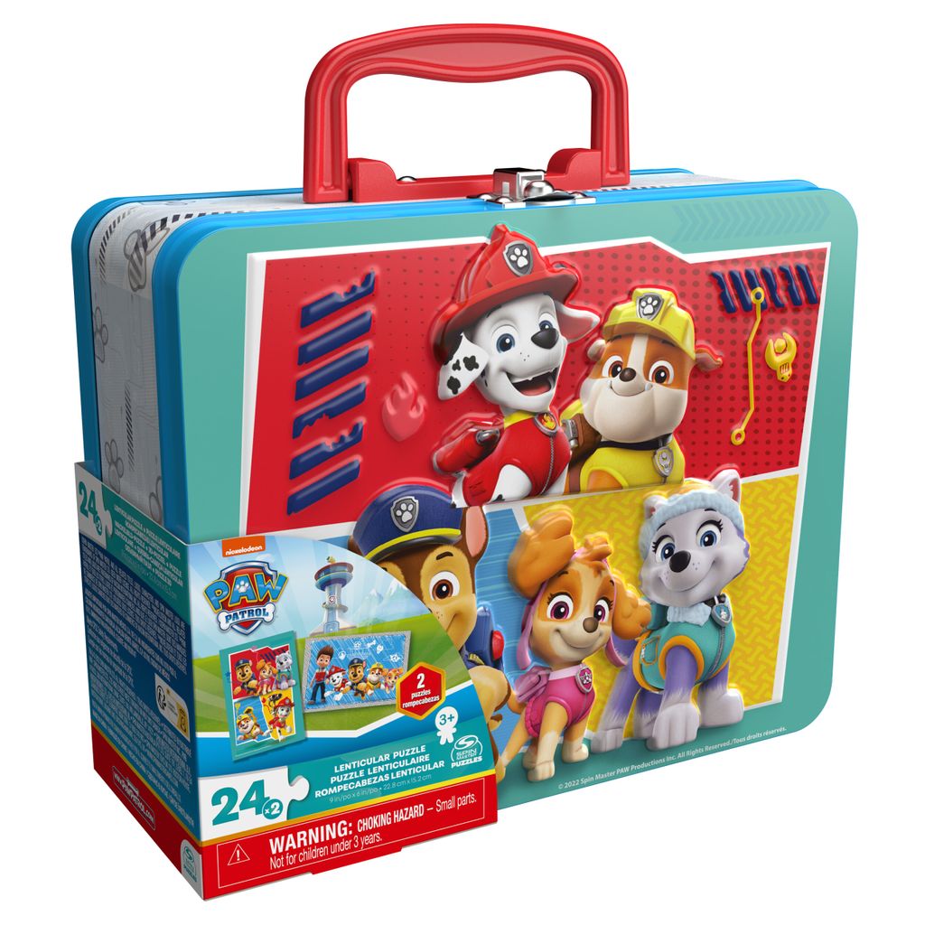 A Paw Patrol puzzle tin with the characters on the front.