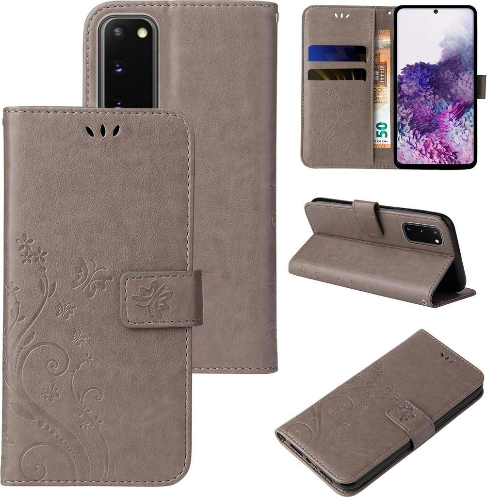A collage of images showing a gray floral patterned flip phone case for a Samsung Galaxy S20.