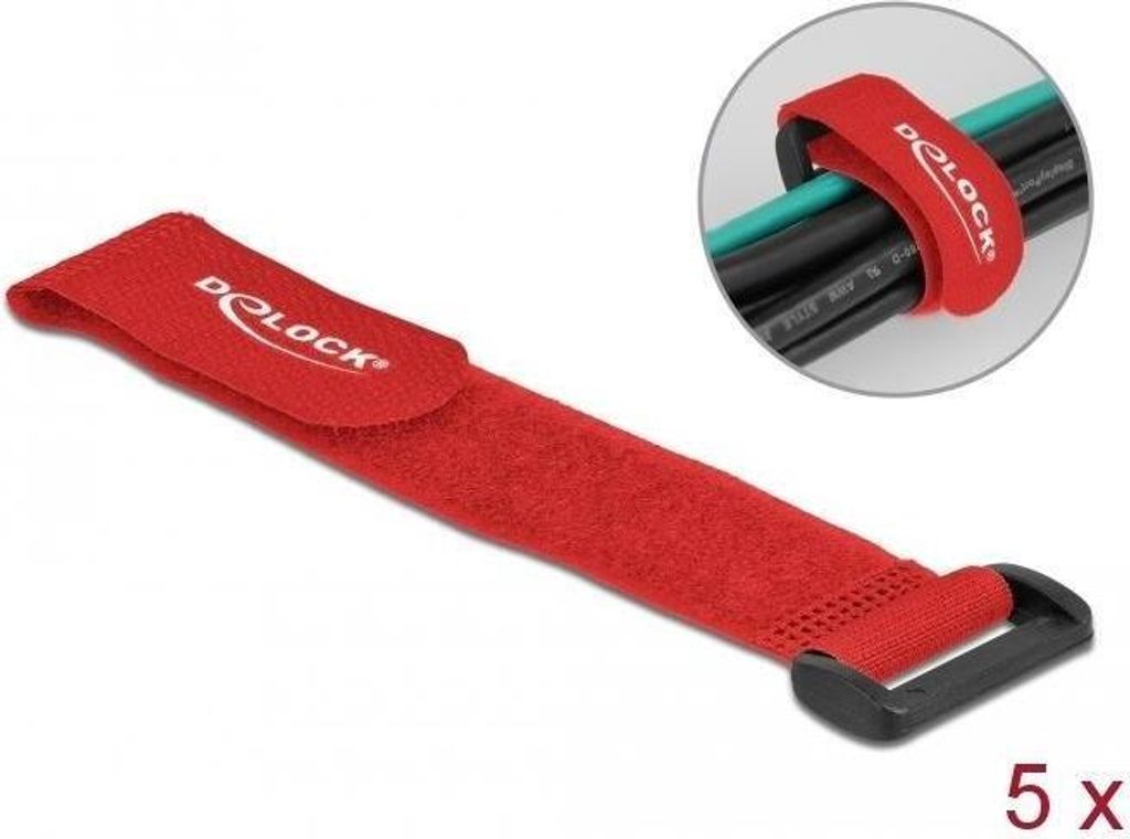 DELOCK Klett-Kabelbinder m. Schlaufe L190x B25mm rot 5 Stk.