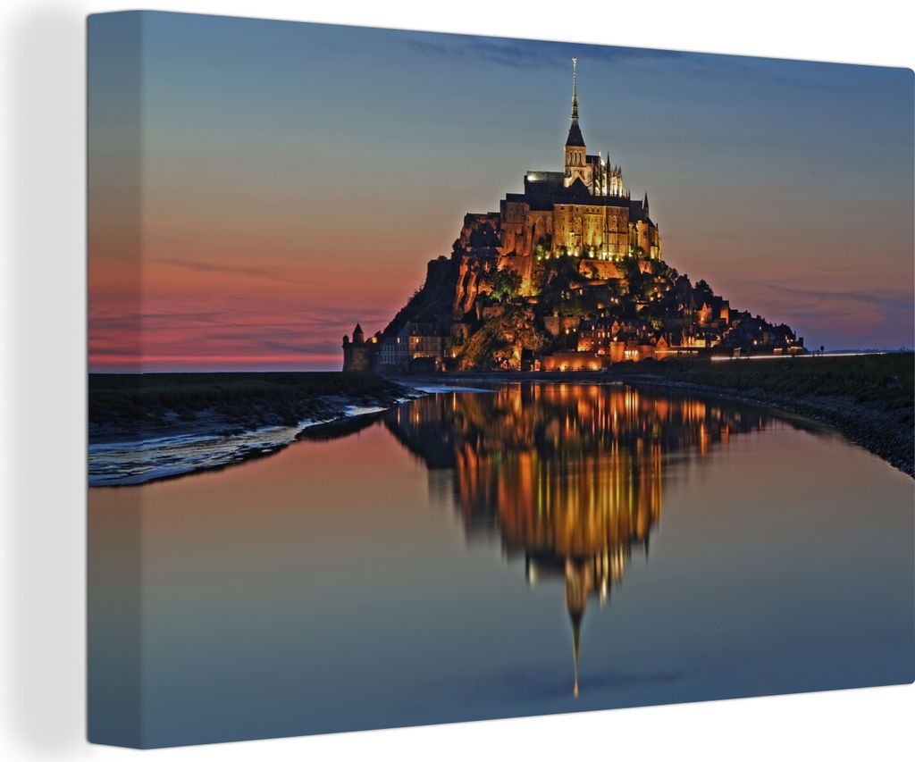 OneMillionCanvasses - Leinwandbilder - 140x90 cm, Le Mont-Saint-Michel nach Sonnenuntergang, Wandbilder Kunstdruck Wanddekoration - Foto auf Lein...
