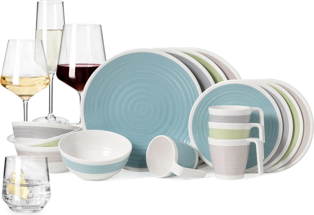 Melamin Camping Geschirr Set 4 Personen Harmonie 16 Teilig + 16 Milano Gläser Wassergläser Weingläser Champagner-Gläser Flûtes Tafelgeschirr P...