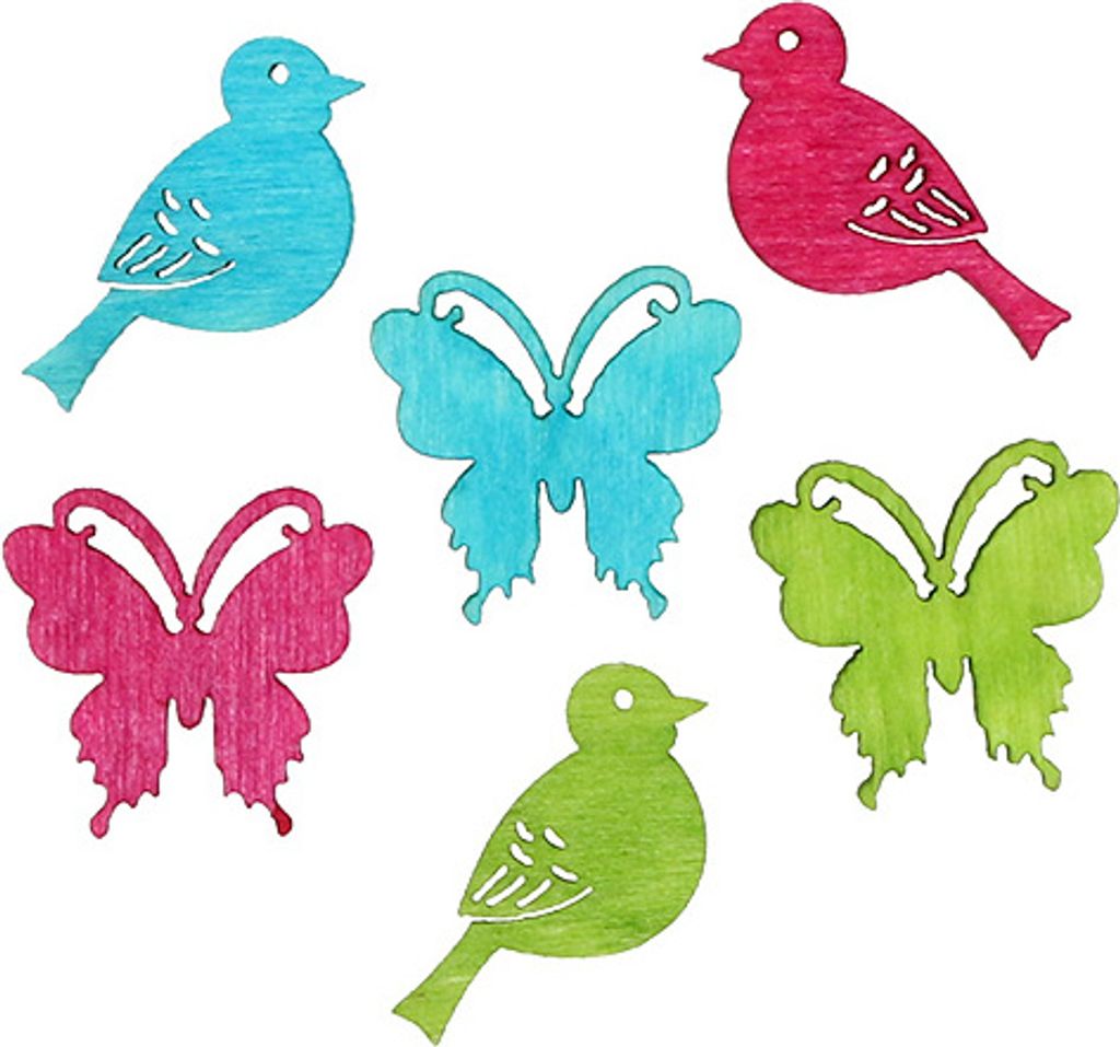 Streudeko Holztiere Deko Vögel Schmetterlinge bunt 2cm Tischdeko Ostern Kindergeburtstag 144er Set, 144 Stück