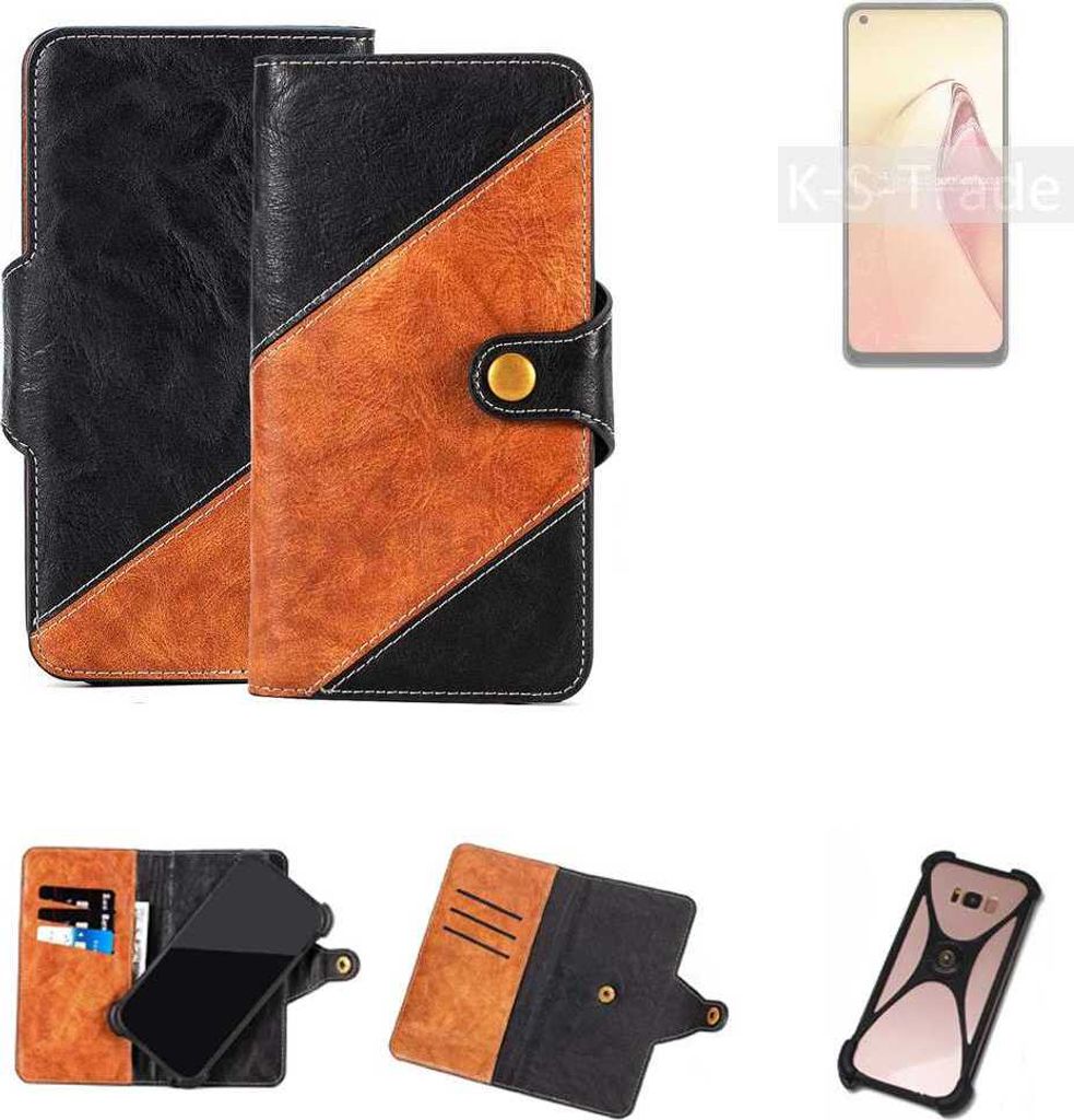 K-S-Trade Handyhülle Schutzhülle Bookstyle Case Wallet-Case kompatibel mit Oppo Reno8 Handy Cover Bumper Klapphülle schwarz hellbraun 1x