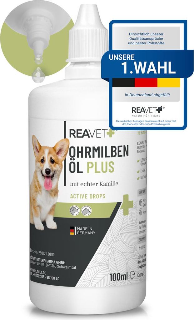 REAVET Ohrmilbenöl Plus 100ml sofort wirksames Mittel für Hunde, Katzen & Haustiere – gegen Ohrmilben mit Kamille, Sanfte Pflege bei Juckreiz i...
