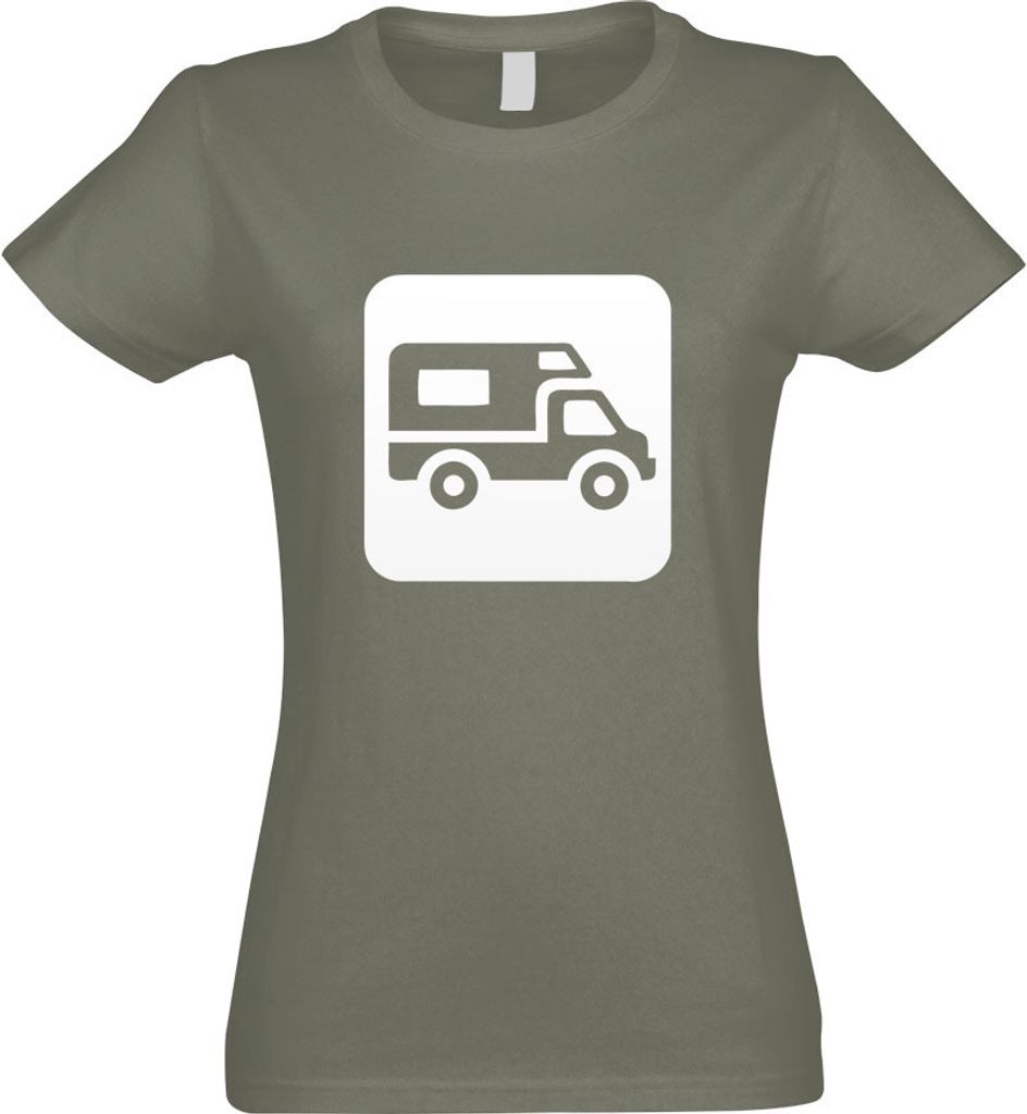 Kiwistar - T-Shirt tailliert - Damen - Olive - Wohnmobil Parkplatz Piktogramme - mit Motiv Bedruckt - Funshirt Design - Sport - Freizeit - Damen - XXL