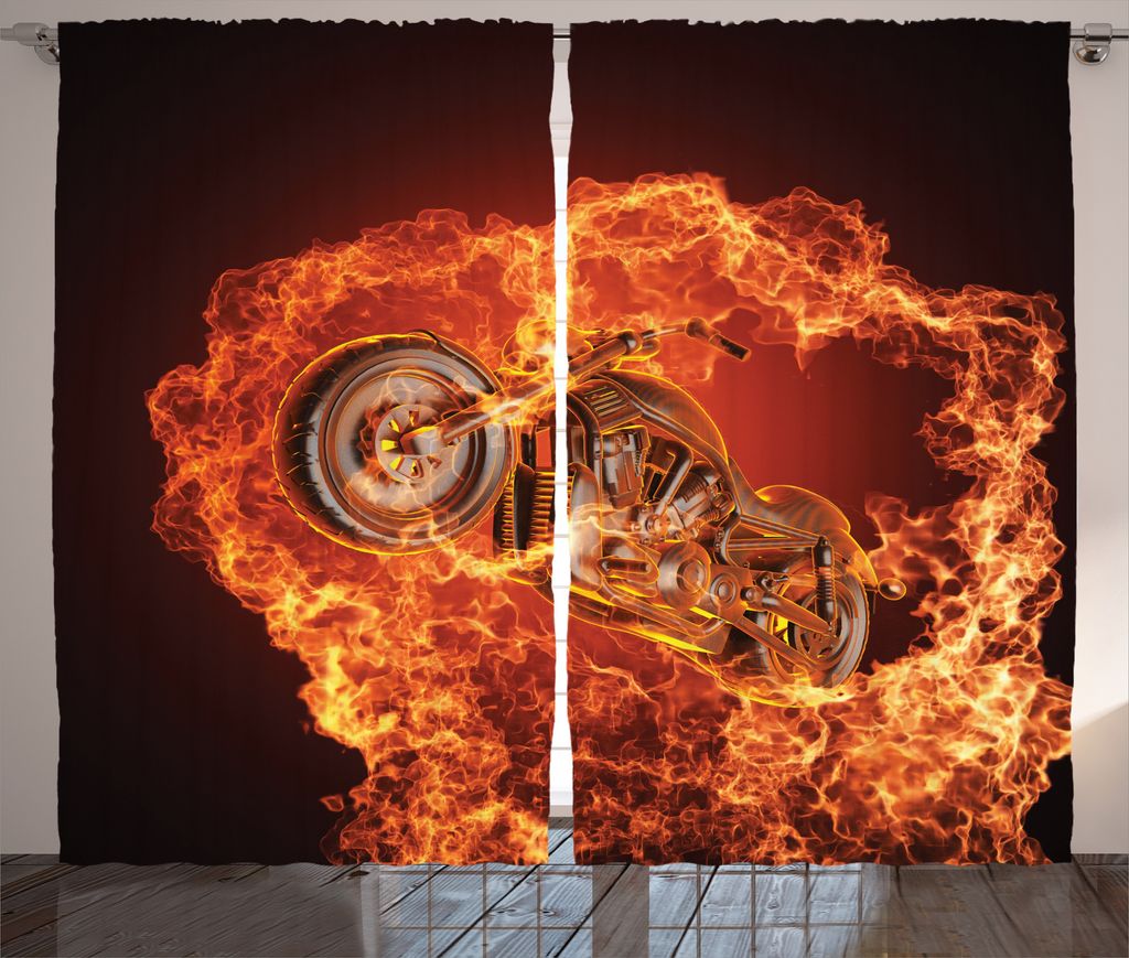 ABAKUHAUS schwarz orange Rustikaler Vorhang, Motorrad in Feuer, Wohnzimmer Universalband Gardinen mit Schlaufen und Haken, 280 x 175 cm, Dark Orang...