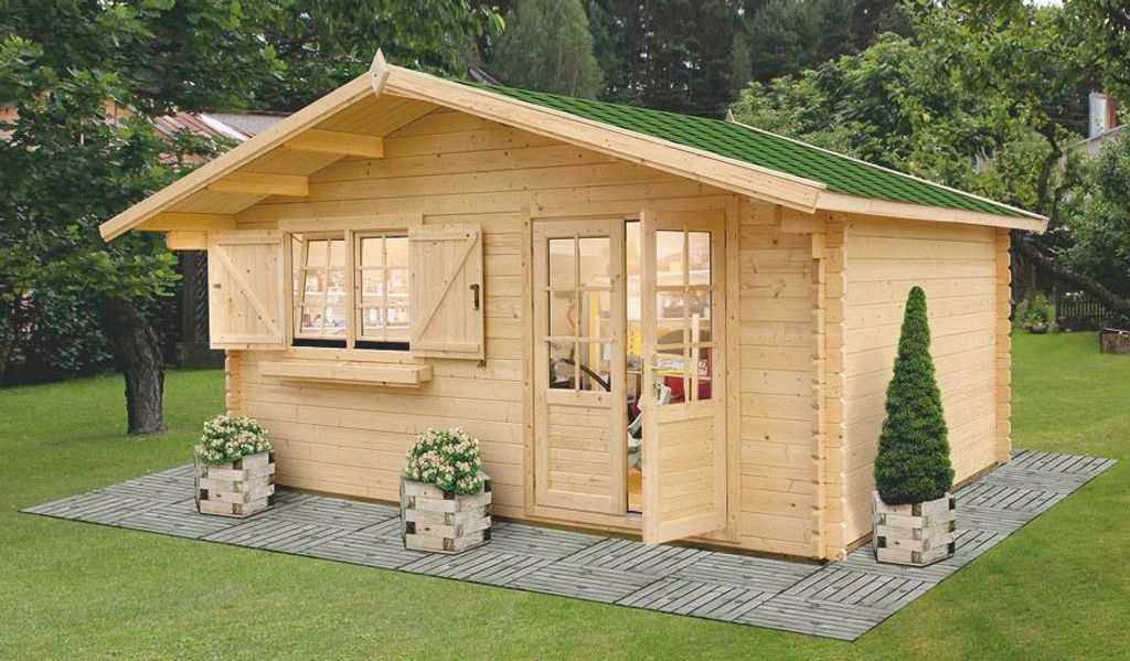 Holz-Gartenhaus 4,46 x 4,46 Meter (inkl. Dach) | Naturbelassen | Satteldach | 44 mm Blockbohlen-Haus