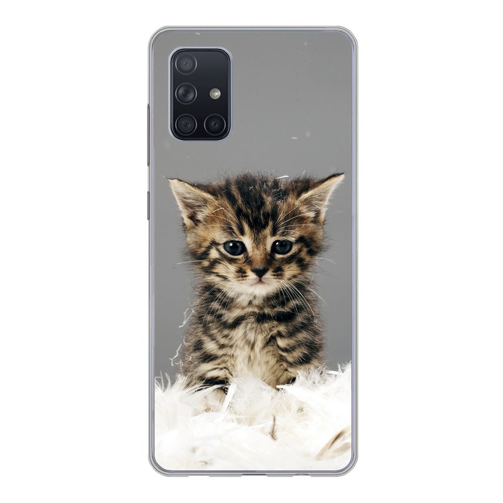 MuchoWow Handyhülle Schutzhülle Hülle für Samsung Galaxy A51 Katze - Kätzchen - Federn Silikon Softcase Handy Hülle - Schutzabdeckung