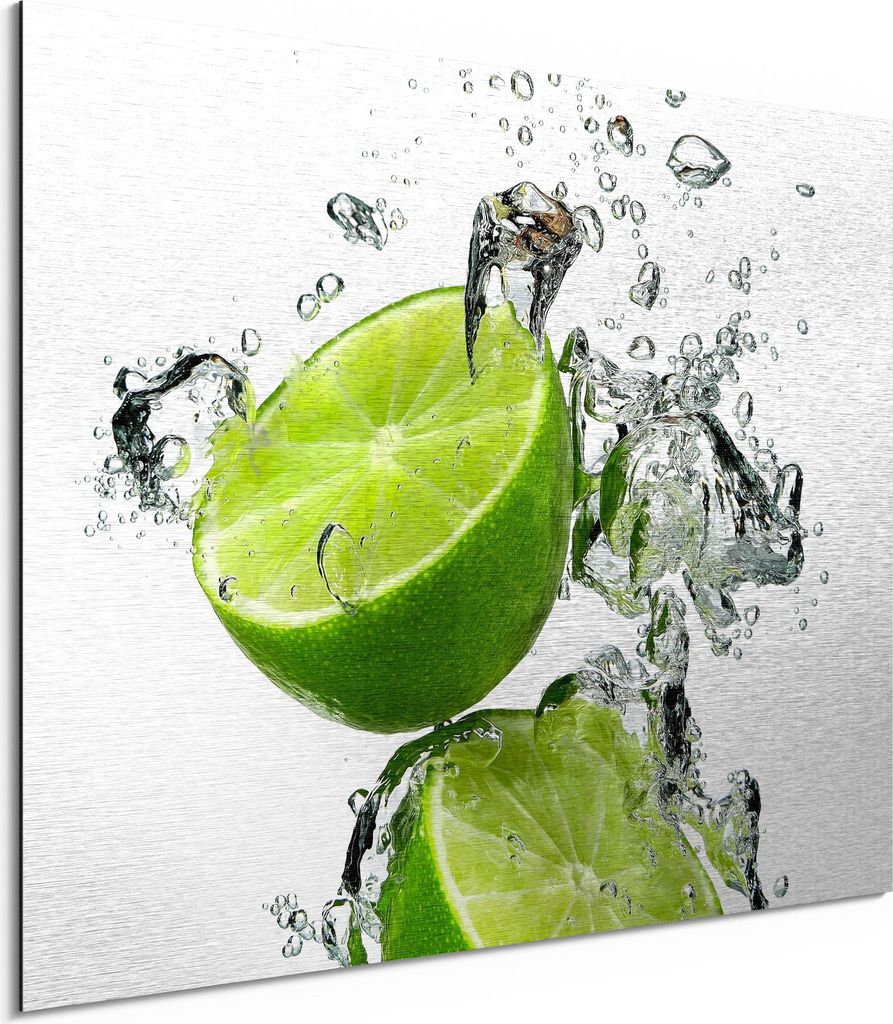 DEQORI Alu-Dibond Bild Silber 80x60 cm 'Limettenhälften im Wasser' Wandbild Metall dünn
