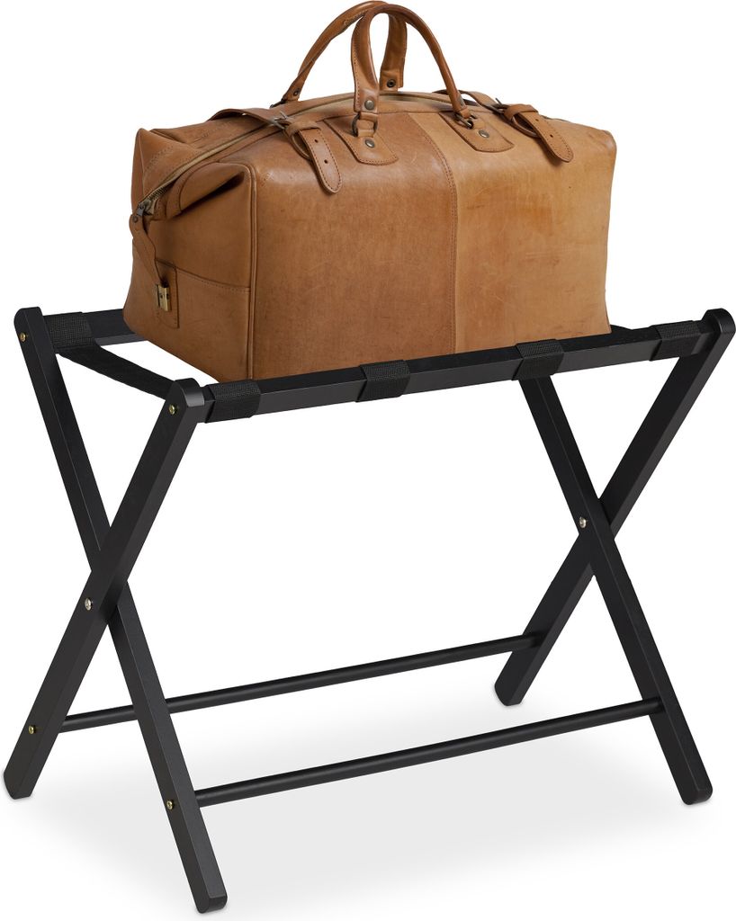 Relaxdays Kofferständer klappbar, Holz Gepäckablage, HBT: 54,5 x 66 x 44 cm, Kofferhocker für Hotel & Zuhause, schwarz