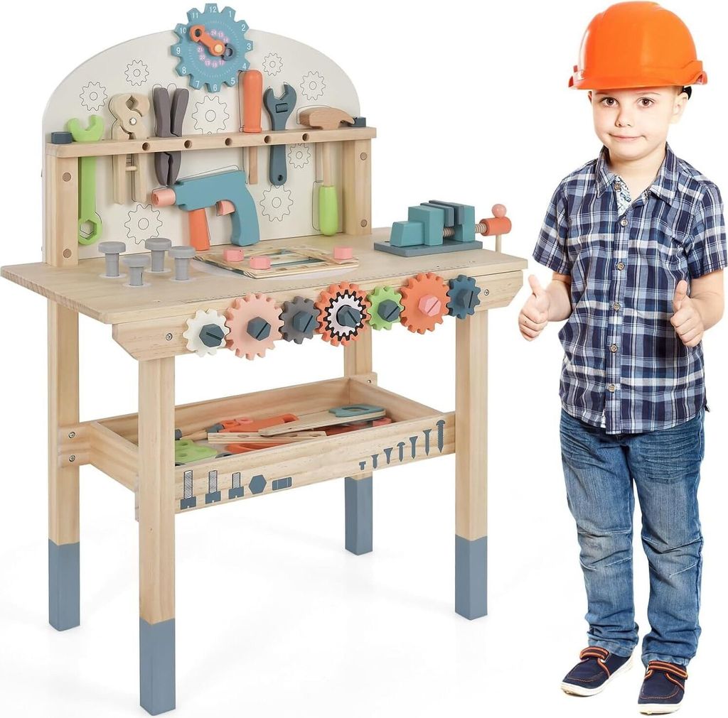 Werkbank Kinder, Werkzeugbank für Kinder aus Holz mit 8 Werkzeugen & 55 Zubehör, Werkzeug Spielzeug Set mit Strauraum & Uhr & Werkzeughalter, Wer...