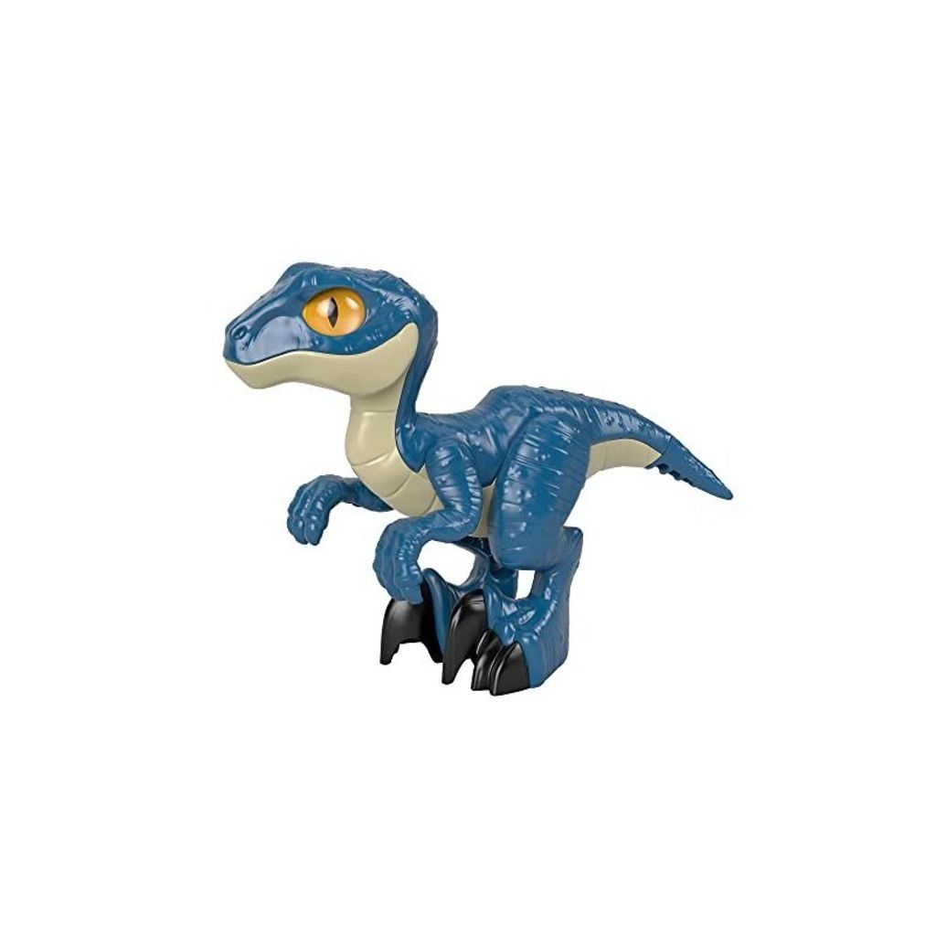 A blue dinosaur toy with yellow eyes is shown against a white background.