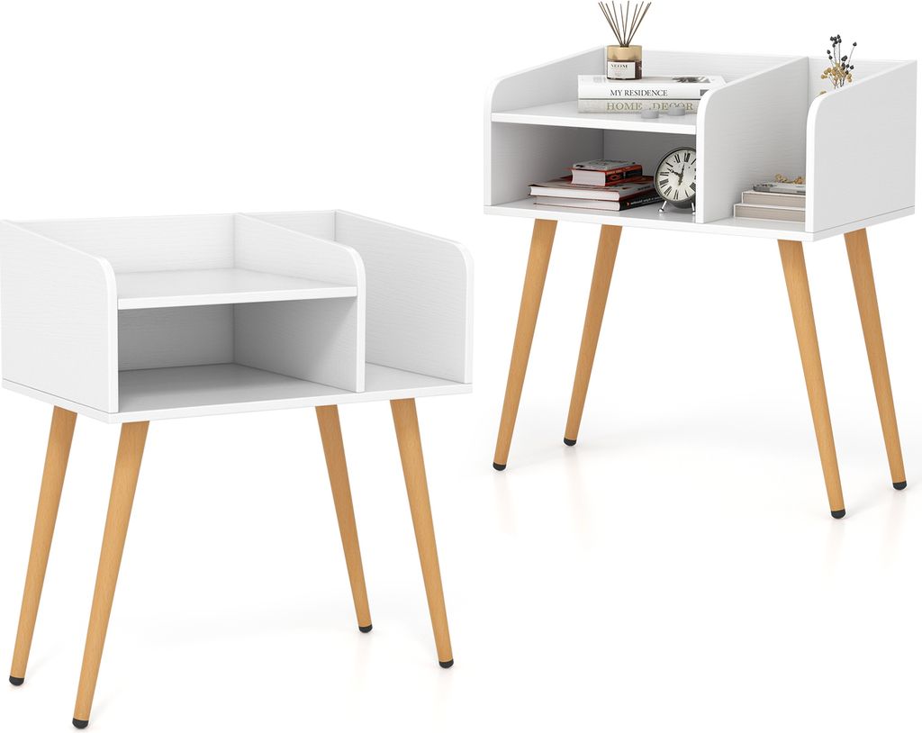 KOMFOTTEU Nachttisch mit offenen Regalen, Beistelltisch 50 x 32 x 58 cm mit Metallbeinen, schmaler Nachtkonsole für Schlafzimmer Wohnzimmer (2, We...