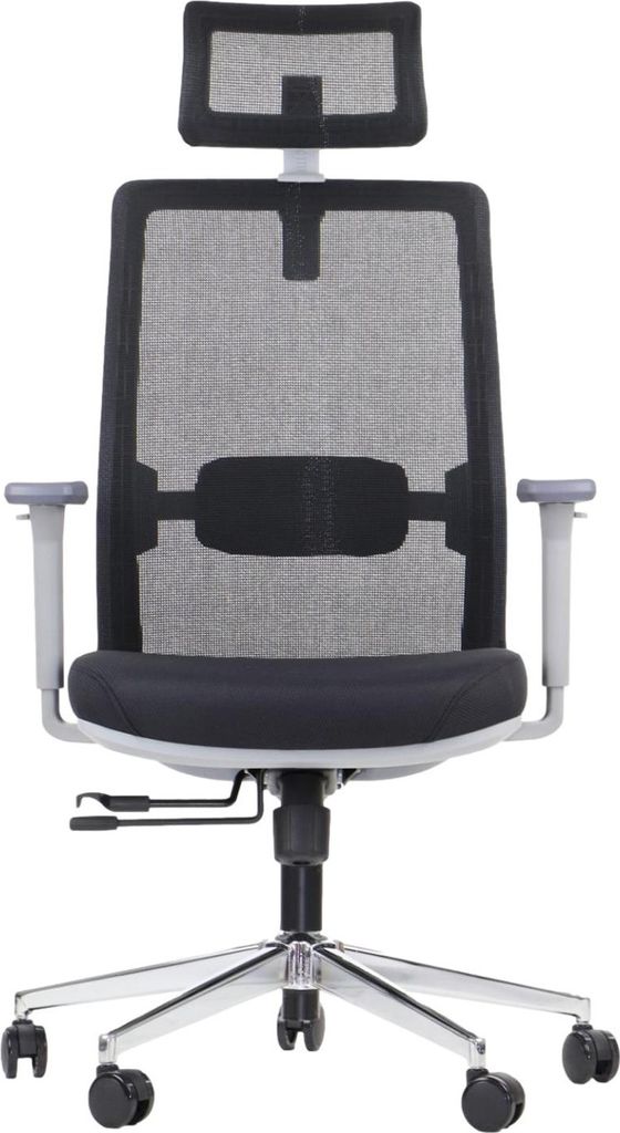 Ergonomischer Bürodrehstuhl CUTLER GF, Chrom Basis, verstellbare Armlehnen, Kopfstütze und Lordosenstütze, grauer Rahmen, schwarze Polsterung
