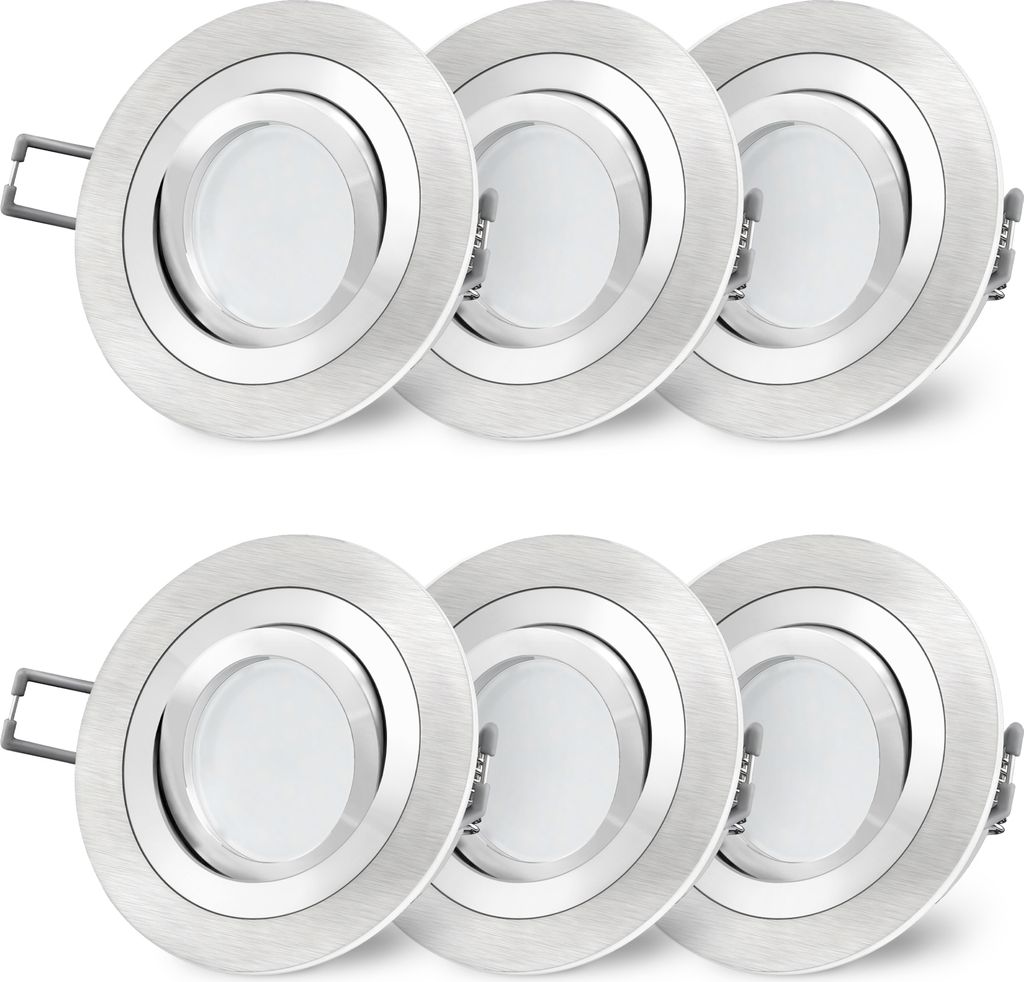 SSC-LUXon 6 Stück RF-2 LED Einbaustrahler gebürstet rund schwenkbar - mit Milky LED GU10 4W 230V warmweiß - Design Einbauspot