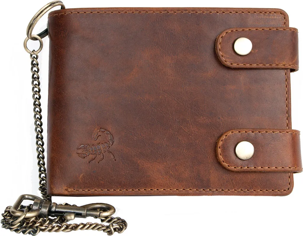 FLW portafoglio biker da uomo in pelle naturale con catena in metallo con scorpione