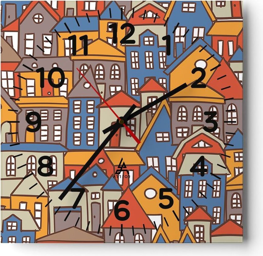 Wanduhr - Quadrat - Glasuhr - Stadt Haus Straße - 30x30cm - Schleichendes Uhrwerk - Lautlos - zum Aufhängen bereit - Dekoration Modern - Wanddeko...