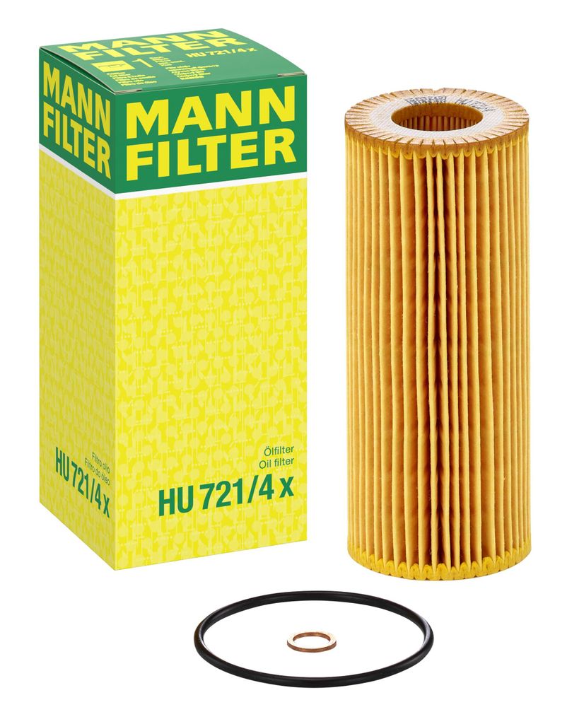 A product shot of a MANN oil filter and its packaging, along with a gasket and washer.