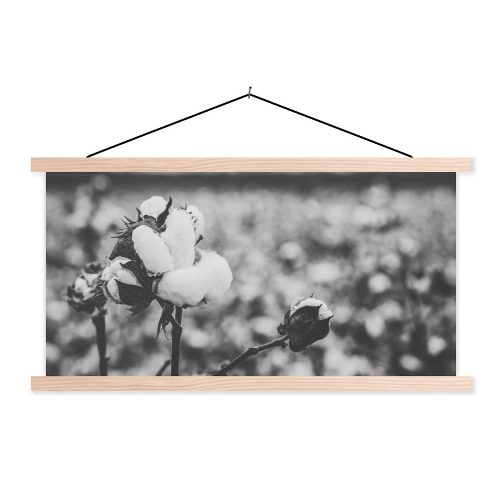 MuchoWow Textilposter Baumwolle - Pflanzen - Schwarz - Weiß 60x30 cm mit holzfarbenen Rahmen - Dekoration