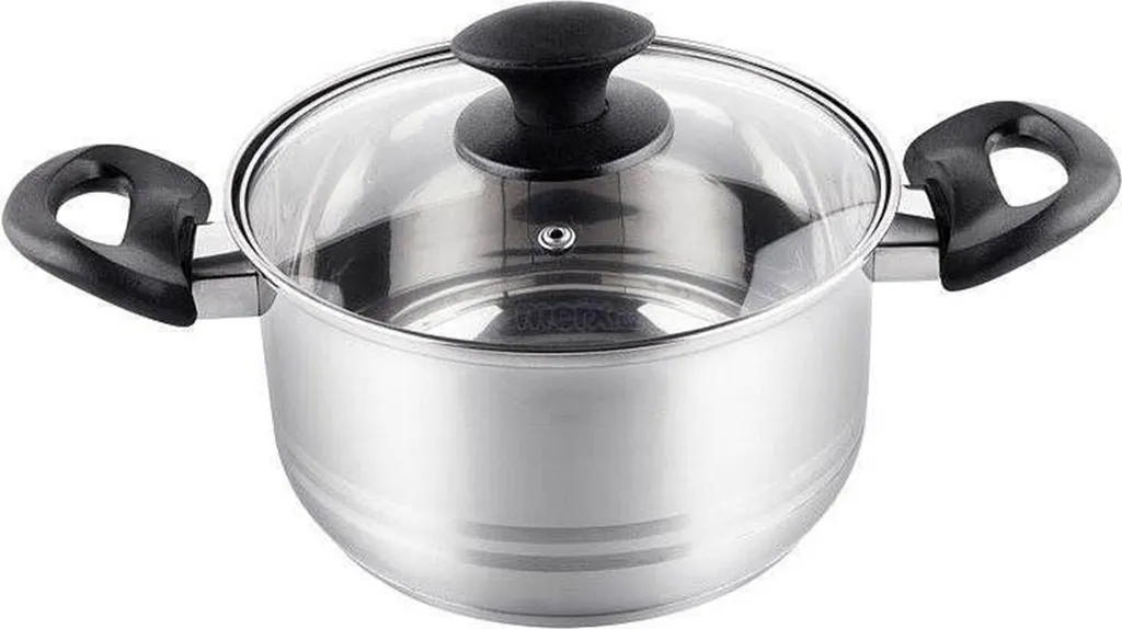 LAMART LTB1810 Casseruola con coperchio, diametro 18 cm in acciaio inox pregiato, coperchio in acciaio inox con foro per il vapore, fondo solido a sandwich, scala dei litri, manici in silicone