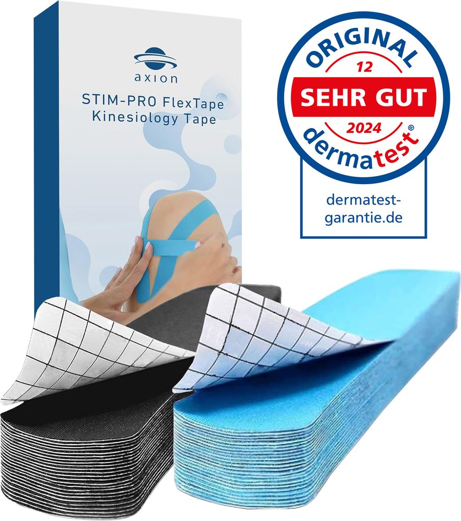 A box of kinesiology tape and stacks of precut tape.