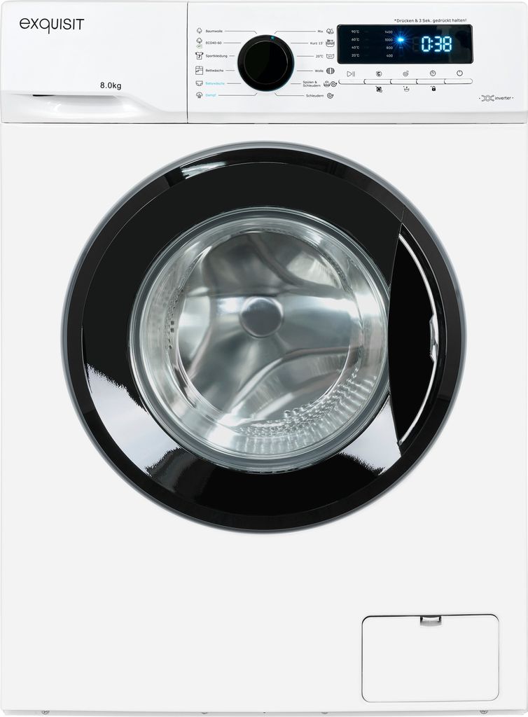 A front-on view of a white washing machine with a black door and control panel.