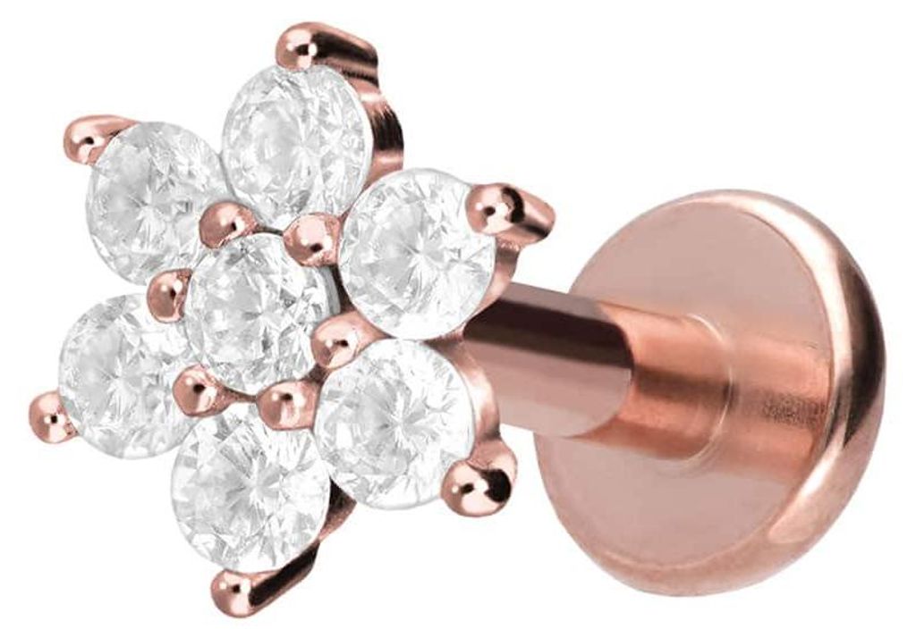 Ohrpiercing, Nasenpiercing Titan Labret mit Innengewinde KRISTALLBLUME RoséGold Stablänge: 7mm | Stabstärke: 1,6mm