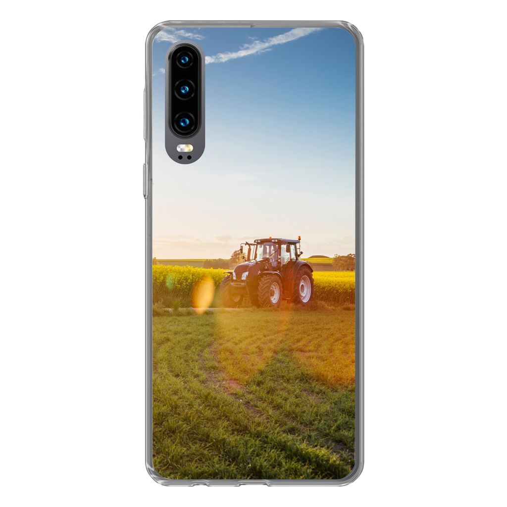 MuchoWow Handyhülle Schutzhülle Hülle für Huawei P30 Traktor - Gras - Sonnenuntergang Silikon Softcase Handy Hülle - Kartenbesitzer